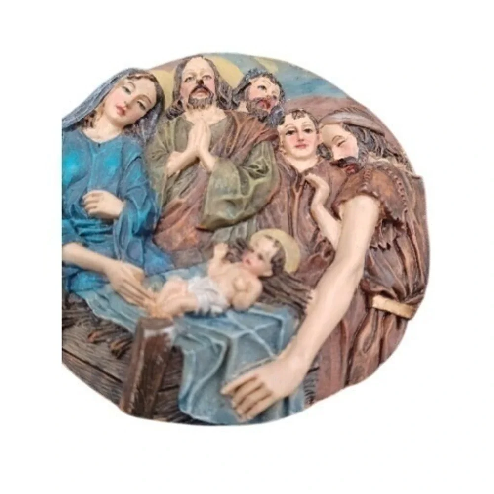 Vintage Nativity Scene Circular 3D Relief Plaque Holy Family‎ Shepherds